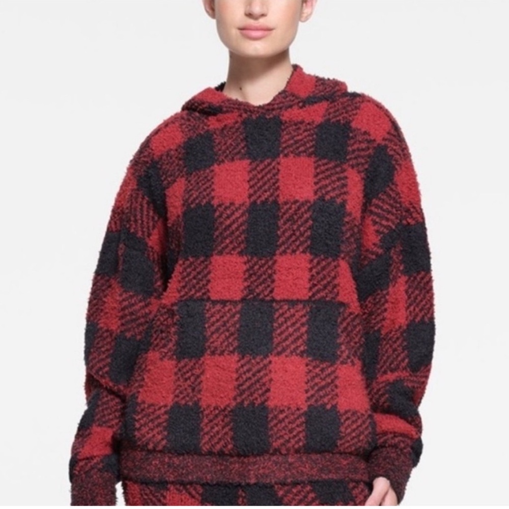 SKIMS Red and Black Buffalo Plaid Sweater Hoodie